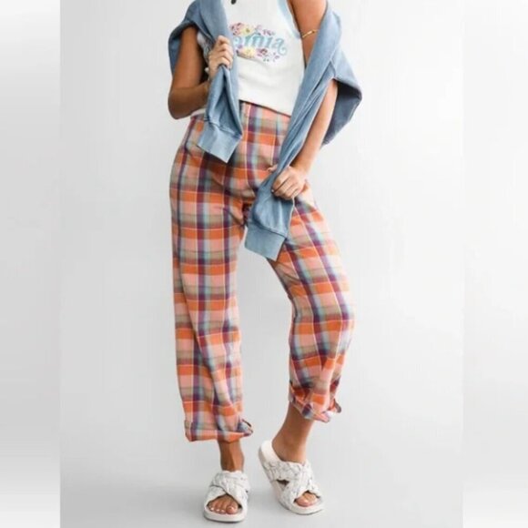 Billabong Pants - Billabong x The Salty Blonde Colorful Pink Plaid Cotton Linen Break Point Pants